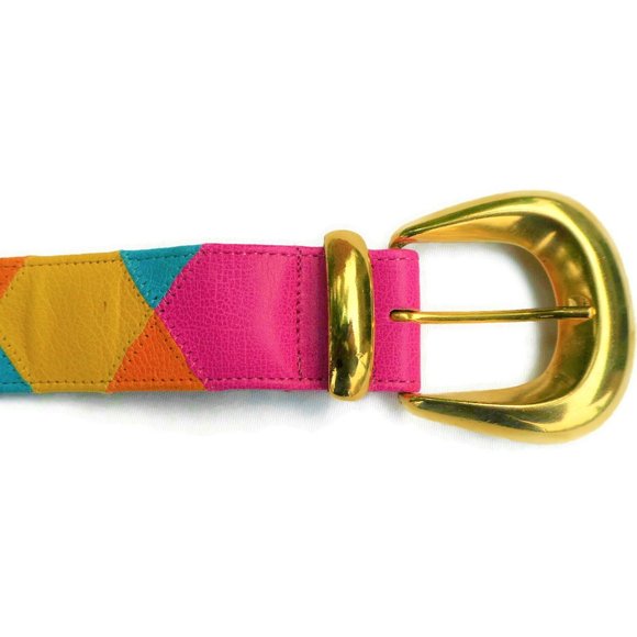 Vintage Mod Belt Neon Geometric Color Block Wide Alden Howard Goldtone Buckle L - Picture 2 of 4
